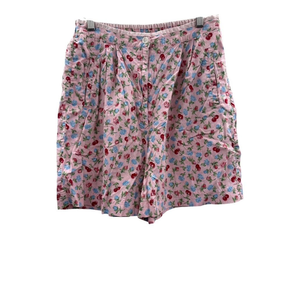 Vintage Cherry Floral High Rise Pleated‎ Shorts Pink Cotton Karen Scott 12P